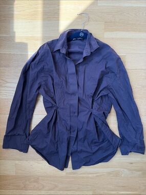 Zara Women's Pinched Waist Button down Cotton Shirt Eggplant